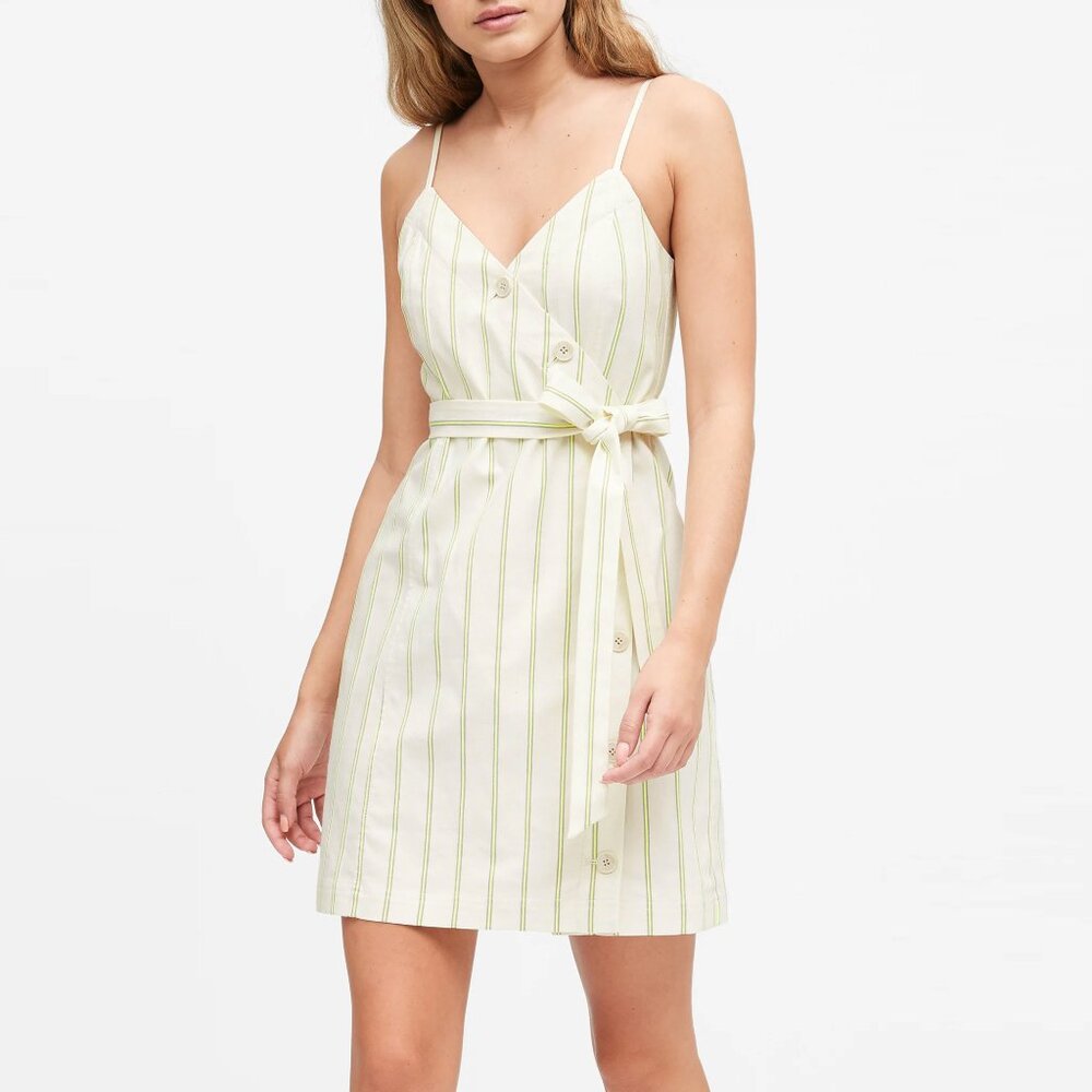 Banana Republic Button Front Mini Dress w/ Crossover Cream Stripe Petite